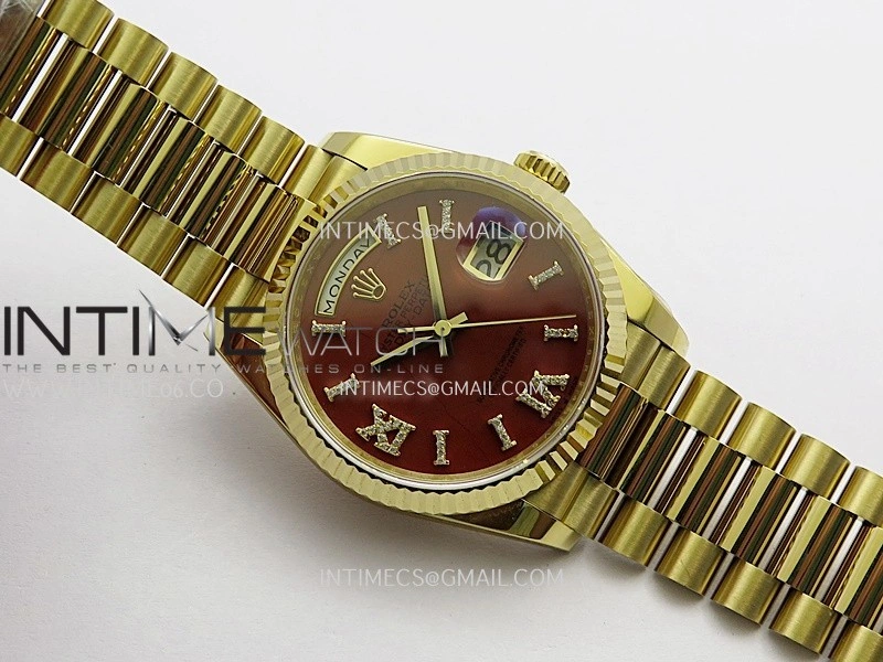 Daydate 128238 36mm YG QHF Best Edition Carnelian Dial on YG President Bracelet A2834