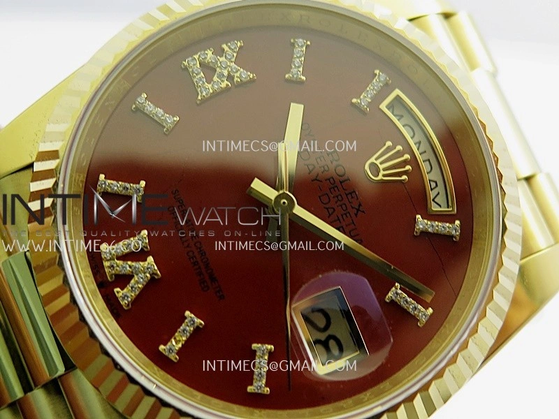 Daydate 128238 36mm YG QHF Best Edition Carnelian Dial on YG President Bracelet A2834