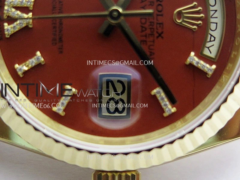 Daydate 128238 36mm YG QHF Best Edition Carnelian Dial on YG President Bracelet A2834