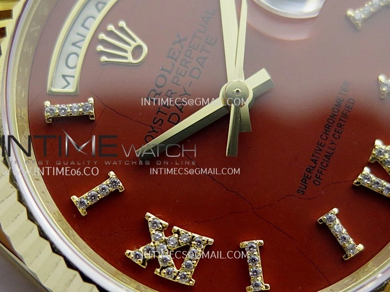 Daydate 128238 36mm YG QHF Best Edition Carnelian Dial on YG President Bracelet A2834