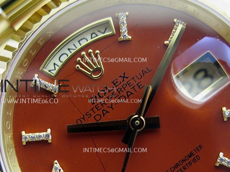 Daydate 128238 36mm YG QHF Best Edition Carnelian Dial on YG President Bracelet A2834