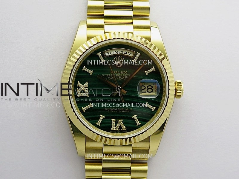 Daydate 128238 36mm YG QHF Best Edition Malachite Dial on YG President Bracelet A2834