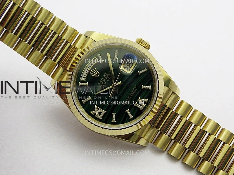 Daydate 128238 36mm YG QHF Best Edition Malachite Dial on YG President Bracelet A2834