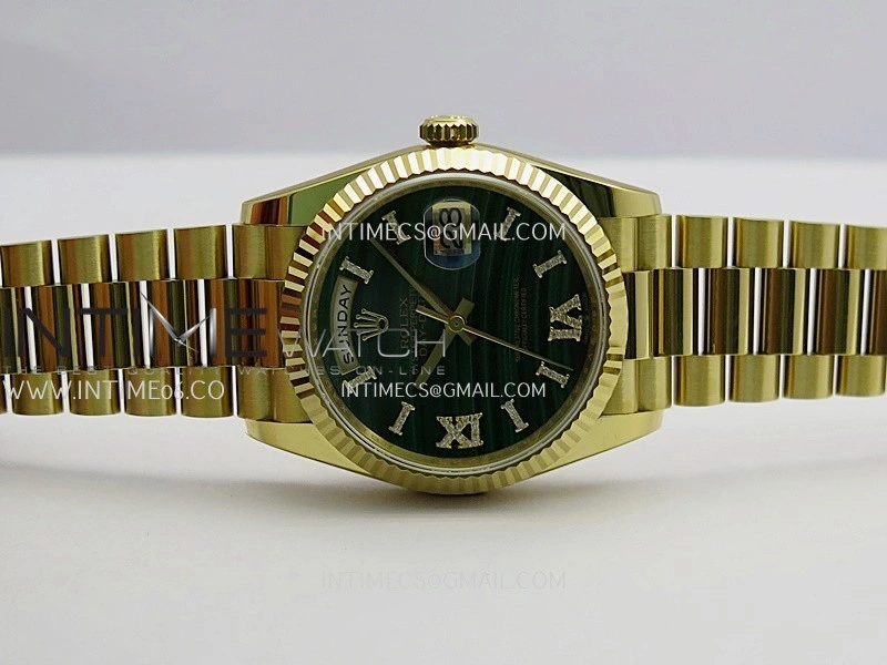 Daydate 128238 36mm YG QHF Best Edition Malachite Dial on YG President Bracelet A2834