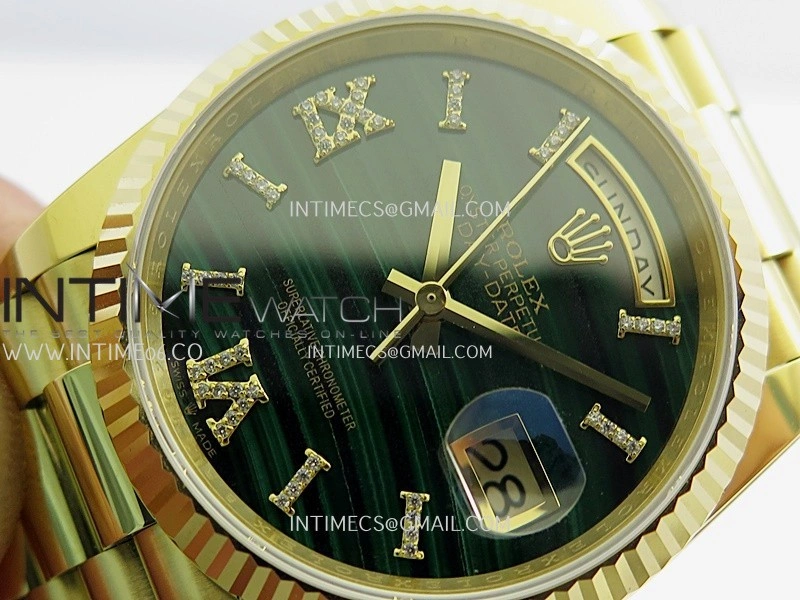 Daydate 128238 36mm YG QHF Best Edition Malachite Dial on YG President Bracelet A2834