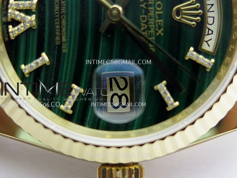 Daydate 128238 36mm YG QHF Best Edition Malachite Dial on YG President Bracelet A2834