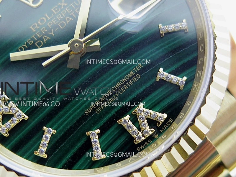 Daydate 128238 36mm YG QHF Best Edition Malachite Dial on YG President Bracelet A2834