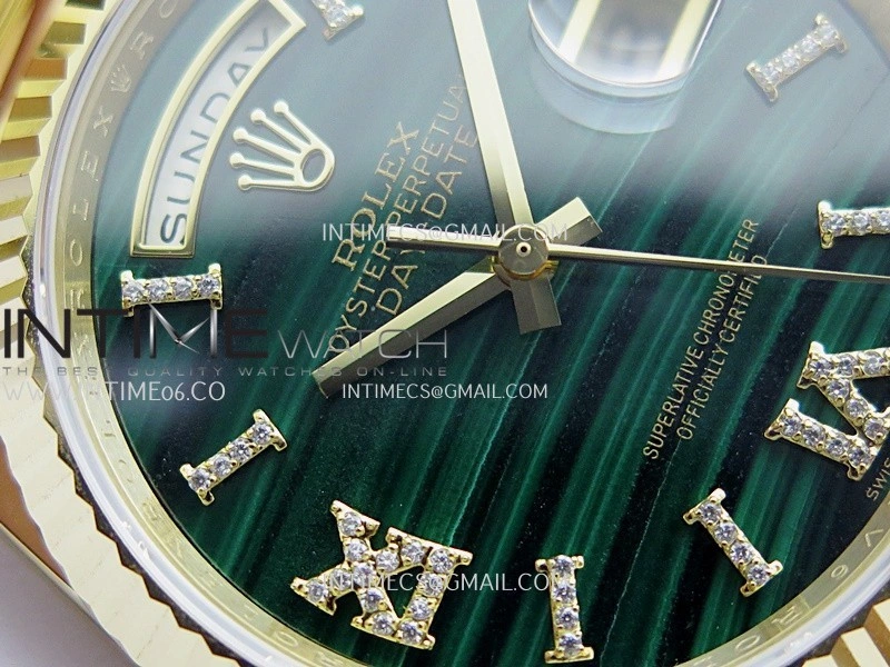 Daydate 128238 36mm YG QHF Best Edition Malachite Dial on YG President Bracelet A2834