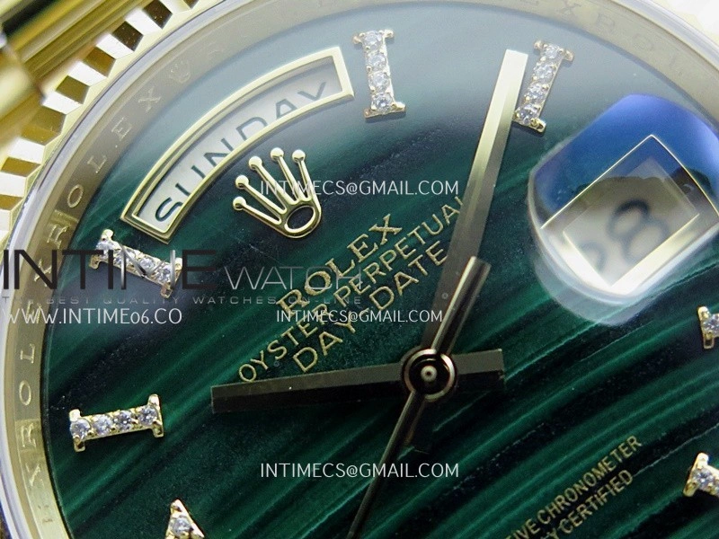 Daydate 128238 36mm YG QHF Best Edition Malachite Dial on YG President Bracelet A2834