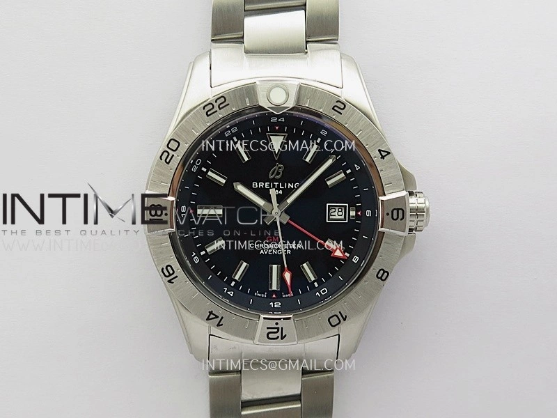 Avenger Chronometer 44mm GMT Red Second Hand SS B50 Best Version Black Dial On SS Bracelet A2836