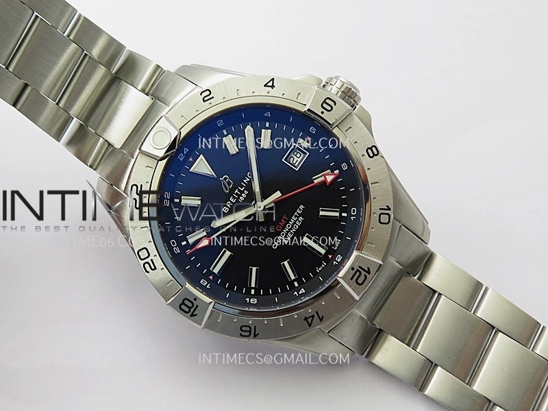 Avenger Chronometer 44mm GMT Red Second Hand SS B50 Best Version Black Dial On SS Bracelet A2836