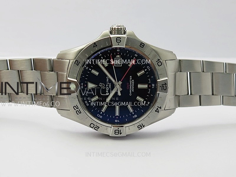 Avenger Chronometer 44mm GMT Red Second Hand SS B50 Best Version Black Dial On SS Bracelet A2836