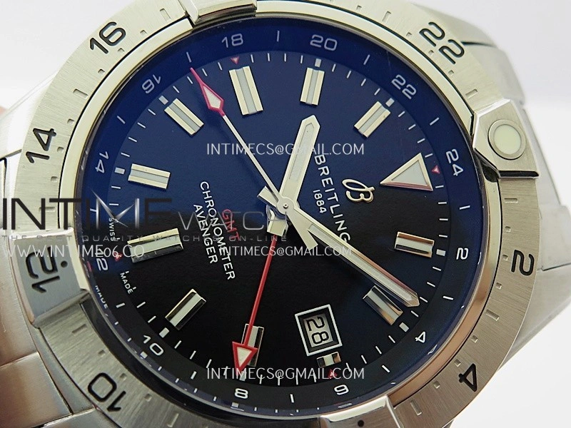 Avenger Chronometer 44mm GMT Red Second Hand SS B50 Best Version Black Dial On SS Bracelet A2836