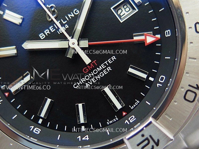 Avenger Chronometer 44mm GMT Red Second Hand SS B50 Best Version Black Dial On SS Bracelet A2836
