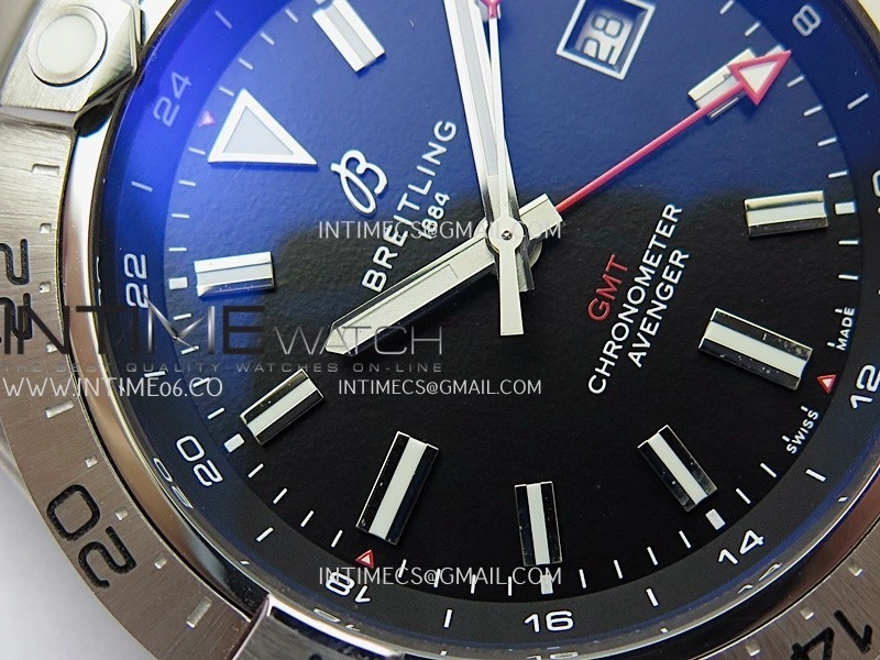 Avenger Chronometer 44mm GMT Red Second Hand SS B50 Best Version Black Dial On SS Bracelet A2836