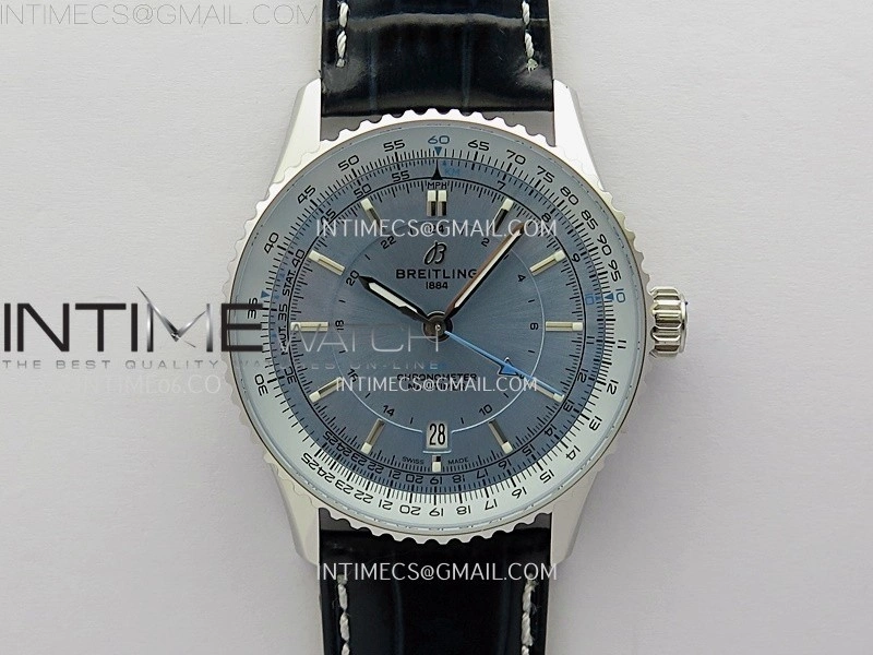 Navitimer 41mm GMT SS BLSF 1:1 Best Edition Ice Blue Dial on Blue Leather Strap A2836