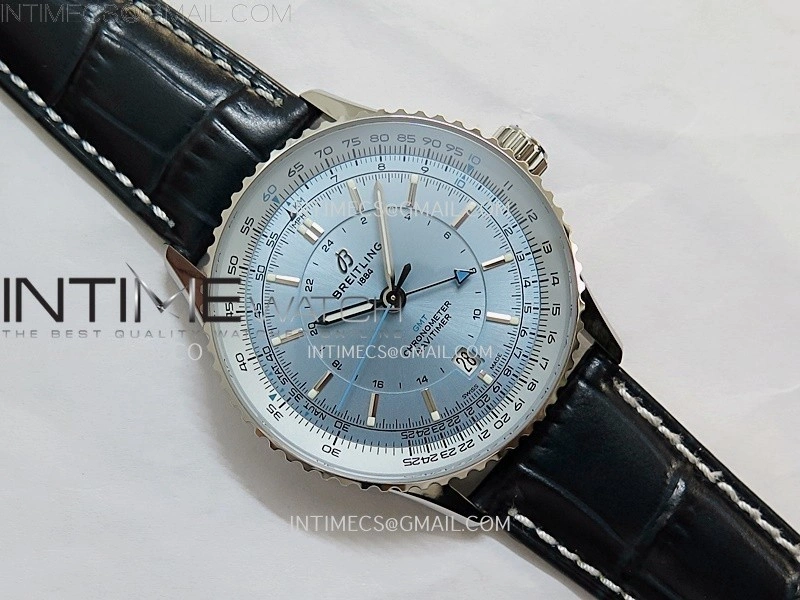 Navitimer 41mm GMT SS BLSF 1:1 Best Edition Ice Blue Dial on Blue Leather Strap A2836