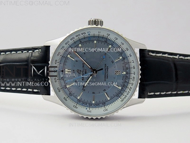 Navitimer 41mm GMT SS BLSF 1:1 Best Edition Ice Blue Dial on Blue Leather Strap A2836