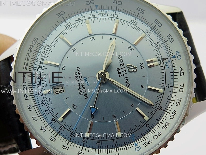 Navitimer 41mm GMT SS BLSF 1:1 Best Edition Ice Blue Dial on Blue Leather Strap A2836
