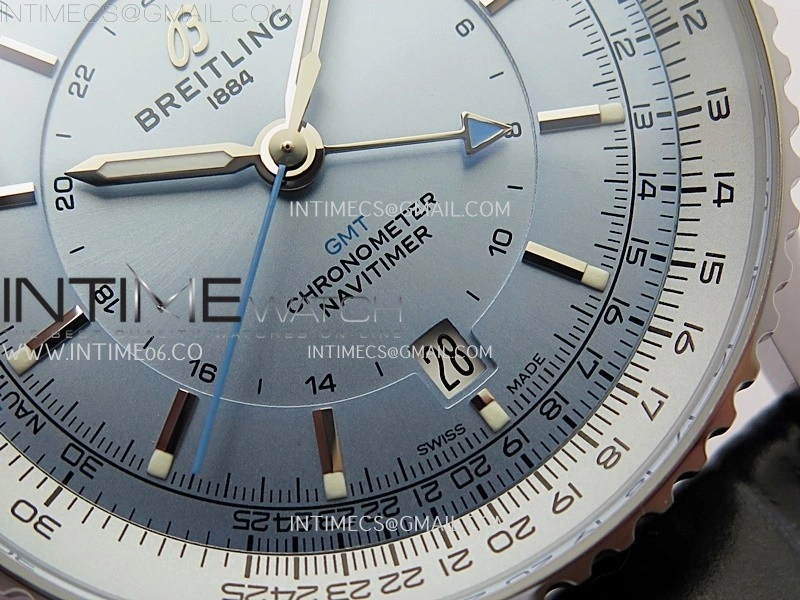 Navitimer 41mm GMT SS BLSF 1:1 Best Edition Ice Blue Dial on Blue Leather Strap A2836