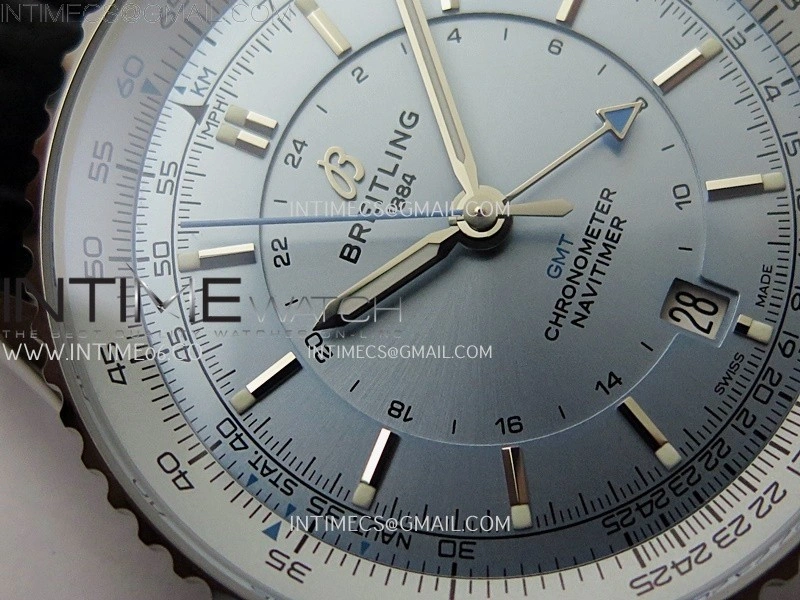 Navitimer 41mm GMT SS BLSF 1:1 Best Edition Ice Blue Dial on Blue Leather Strap A2836