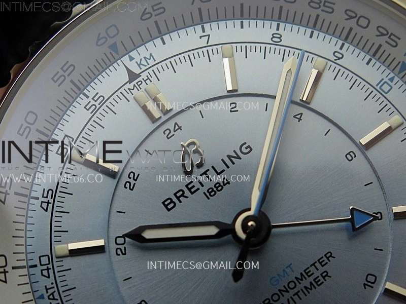 Navitimer 41mm GMT SS BLSF 1:1 Best Edition Ice Blue Dial on Blue Leather Strap A2836