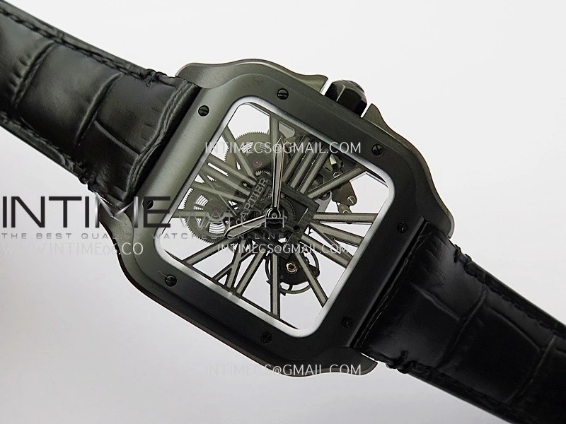 Santos de Cartier Skeleton PVD MLF Best Edition Skeleton Dial On Black Leather Strap Super Clone 9612MC