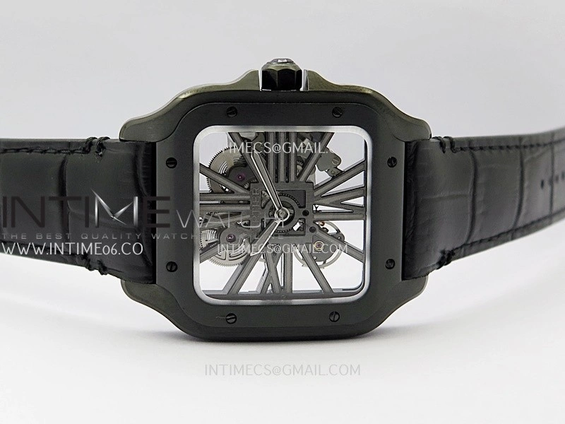 Santos de Cartier Skeleton PVD MLF Best Edition Skeleton Dial On Black Leather Strap Super Clone 9612MC
