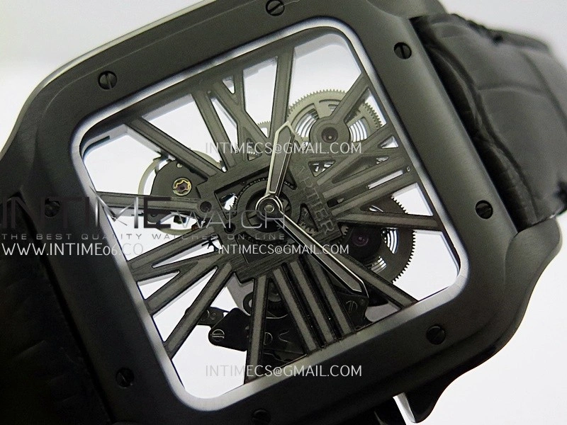 Santos de Cartier Skeleton PVD MLF Best Edition Skeleton Dial On Black Leather Strap Super Clone 9612MC