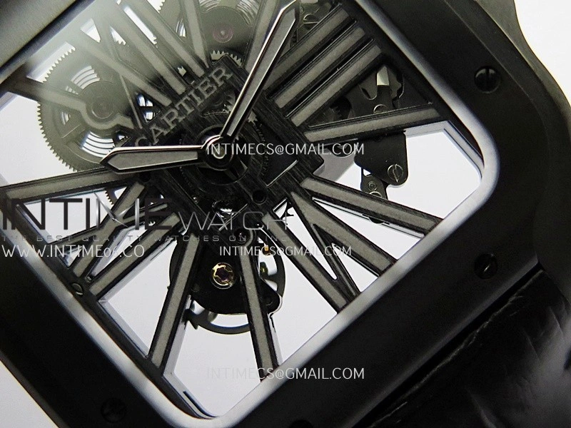 Santos de Cartier Skeleton PVD MLF Best Edition Skeleton Dial On Black Leather Strap Super Clone 9612MC