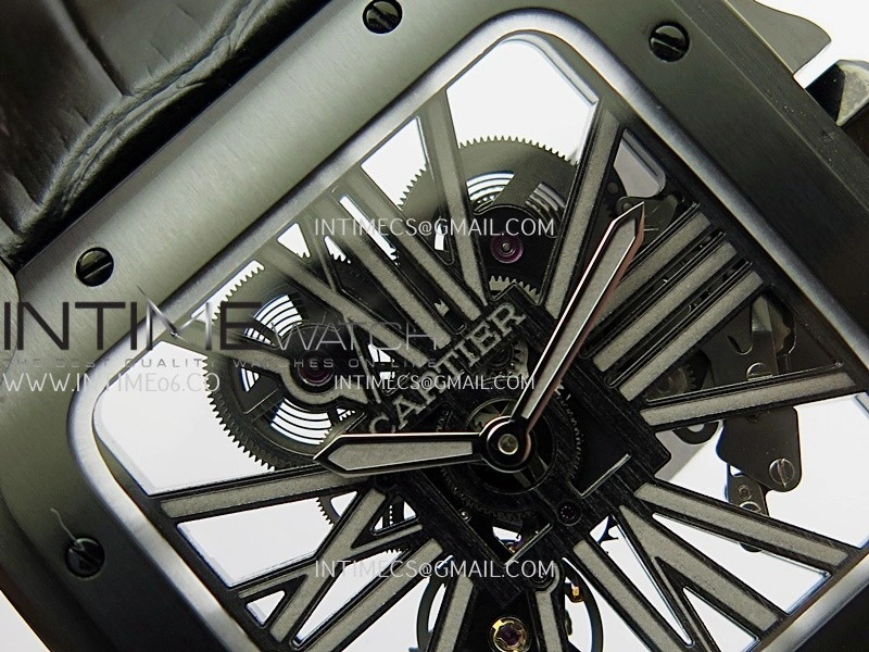 Santos de Cartier Skeleton PVD MLF Best Edition Skeleton Dial On Black Leather Strap Super Clone 9612MC
