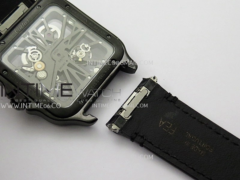 Santos de Cartier Skeleton PVD MLF Best Edition Skeleton Dial On Black Leather Strap Super Clone 9612MC