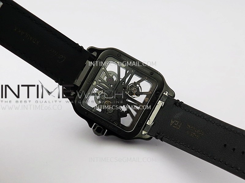 Santos de Cartier Skeleton PVD MLF Best Edition Skeleton Dial On Black Leather Strap Super Clone 9612MC
