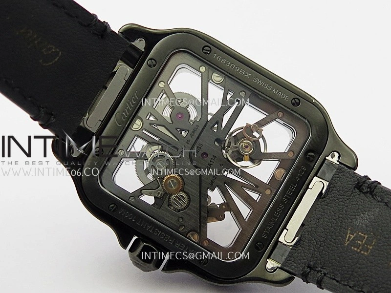 Santos de Cartier Skeleton PVD MLF Best Edition Skeleton Dial On Black Leather Strap Super Clone 9612MC
