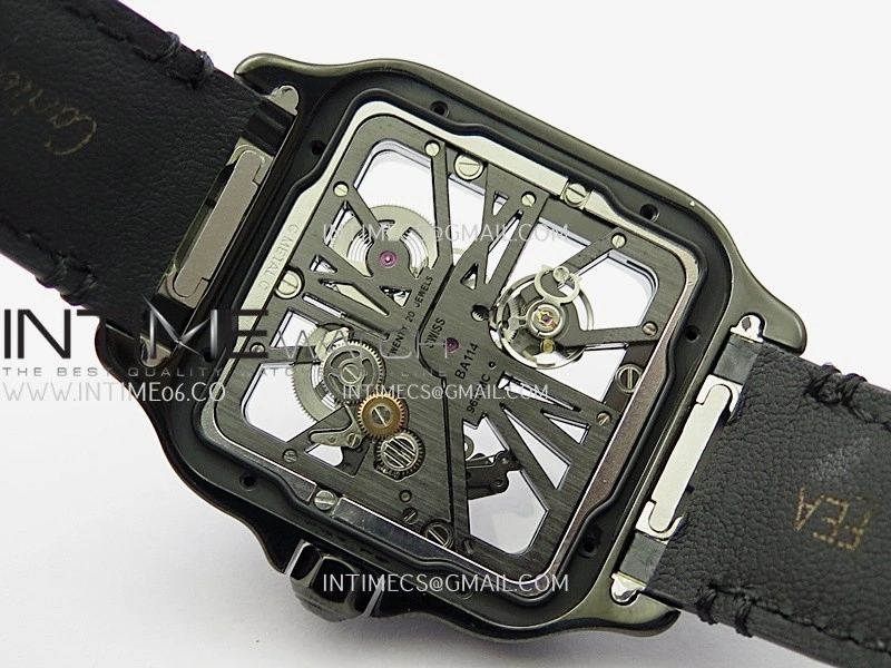 Santos de Cartier Skeleton PVD MLF Best Edition Skeleton Dial On Black Leather Strap Super Clone 9612MC