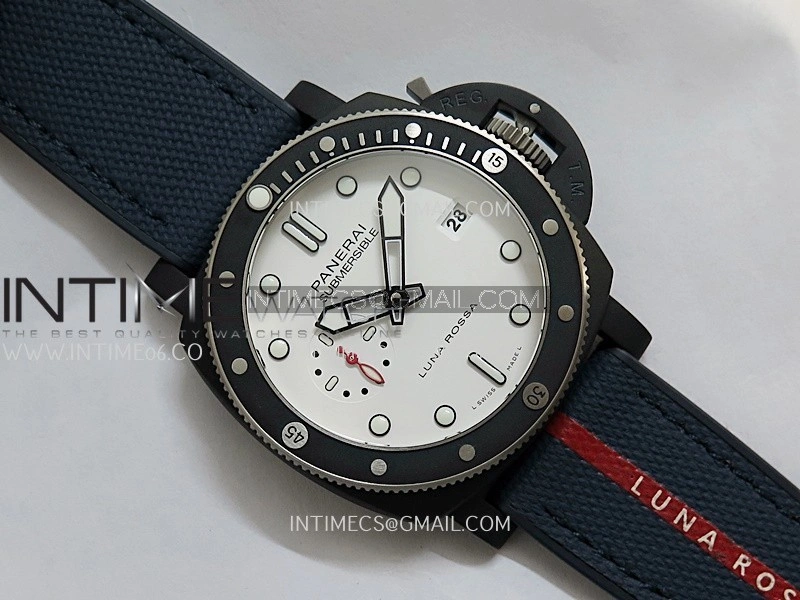PAM1543 Luna Rossa Submersible 44mm Ceramic VSF 1:1 Best Edition White Dial On Blue Fabric Strap P900