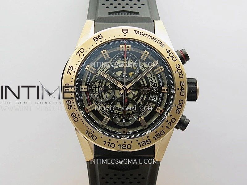 Calibre Heuer 01 Chrono 45mm RG PVD VSF 1:1 Best Edition Skeleton Dial on Rubber Strap A1887