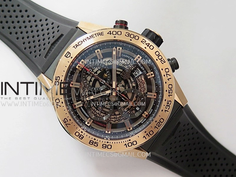 Calibre Heuer 01 Chrono 45mm RG PVD VSF 1:1 Best Edition Skeleton Dial on Rubber Strap A1887