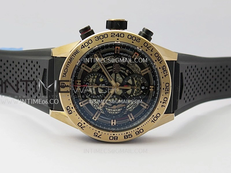 Calibre Heuer 01 Chrono 45mm RG PVD VSF 1:1 Best Edition Skeleton Dial on Rubber Strap A1887