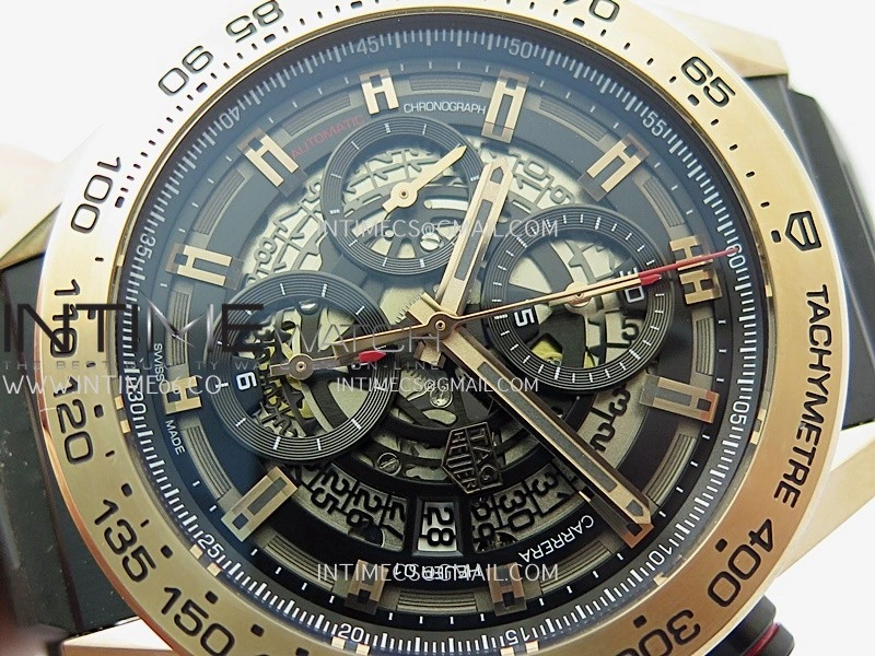 Calibre Heuer 01 Chrono 45mm RG PVD VSF 1:1 Best Edition Skeleton Dial on Rubber Strap A1887
