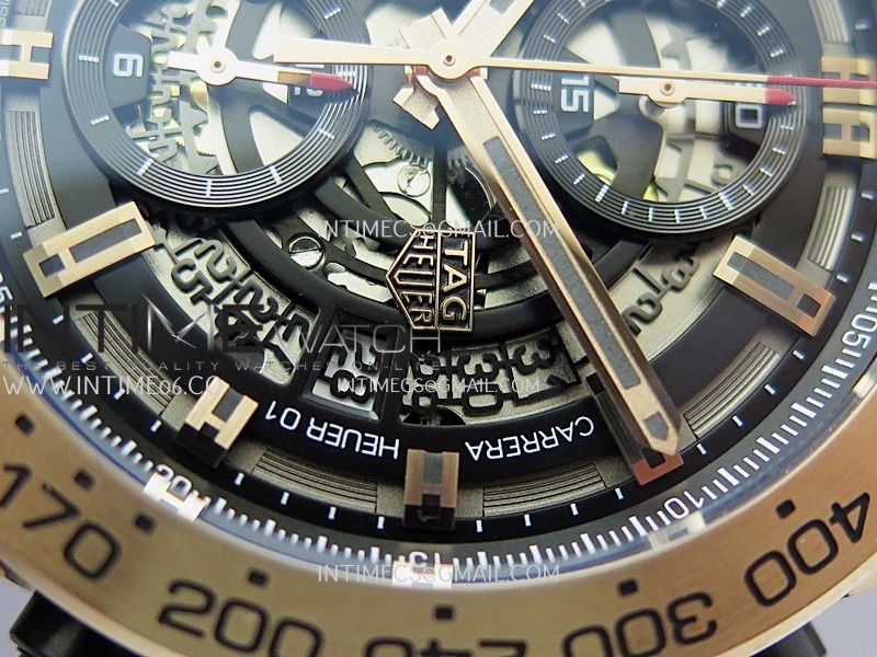 Calibre Heuer 01 Chrono 45mm RG PVD VSF 1:1 Best Edition Skeleton Dial on Rubber Strap A1887