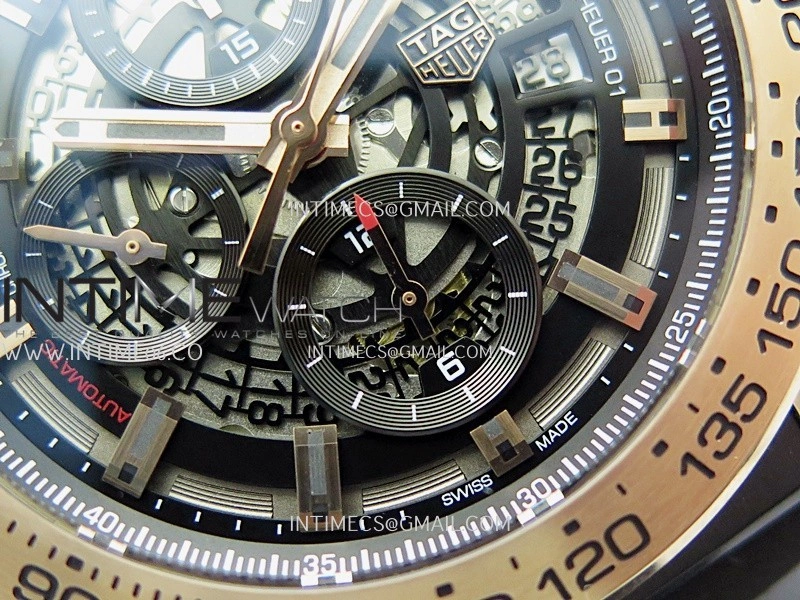 Calibre Heuer 01 Chrono 45mm RG PVD VSF 1:1 Best Edition Skeleton Dial on Rubber Strap A1887