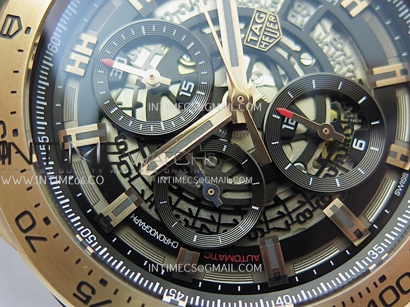 Calibre Heuer 01 Chrono 45mm RG PVD VSF 1:1 Best Edition Skeleton Dial on Rubber Strap A1887