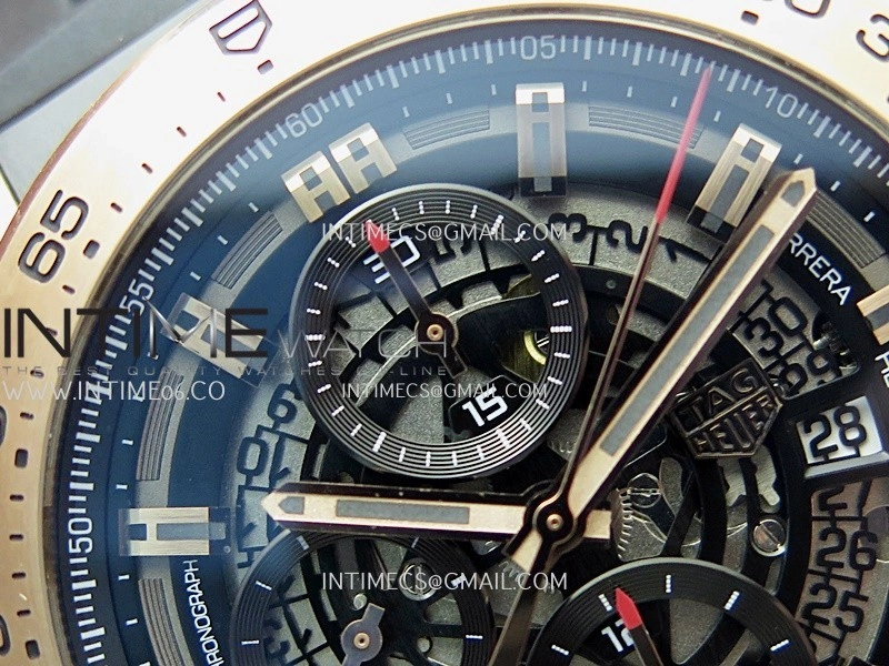 Calibre Heuer 01 Chrono 45mm RG PVD VSF 1:1 Best Edition Skeleton Dial on Rubber Strap A1887