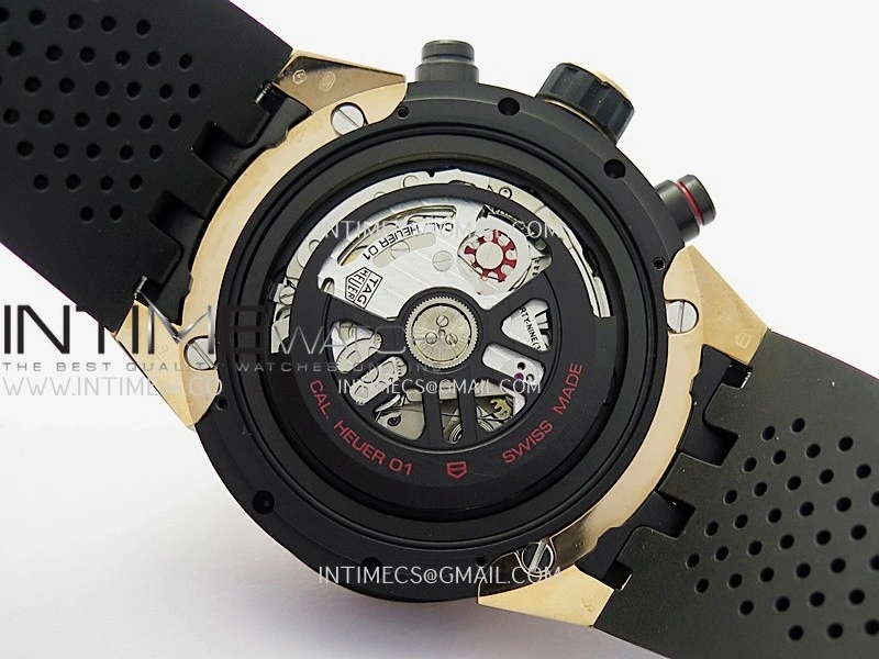 Calibre Heuer 01 Chrono 45mm RG PVD VSF 1:1 Best Edition Skeleton Dial on Rubber Strap A1887