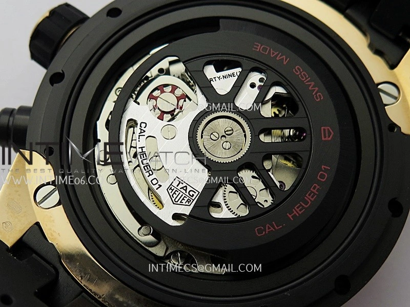 Calibre Heuer 01 Chrono 45mm RG PVD VSF 1:1 Best Edition Skeleton Dial on Rubber Strap A1887