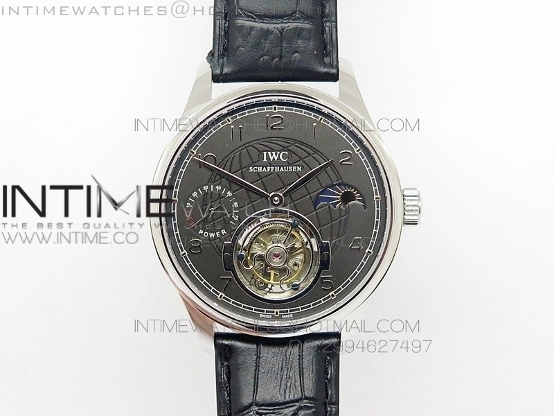 Portuguese Tourbillon SS AXF Gray Dial Sliver Numbers moonphase on Black Leather Strap