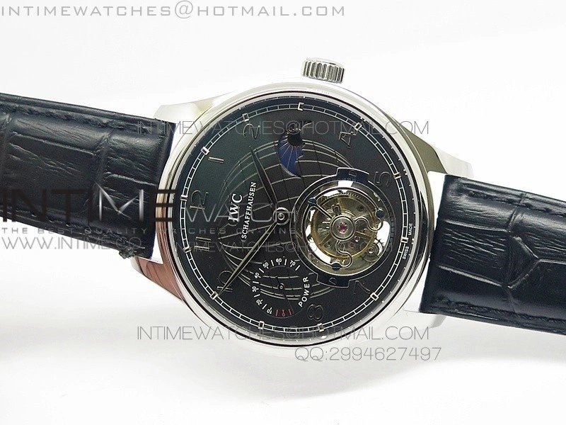 Portuguese Tourbillon SS AXF Gray Dial Sliver Numbers moonphase on Black Leather Strap