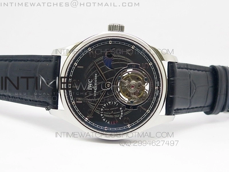 Portuguese Tourbillon SS AXF Gray Dial Sliver Numbers moonphase on Black Leather Strap