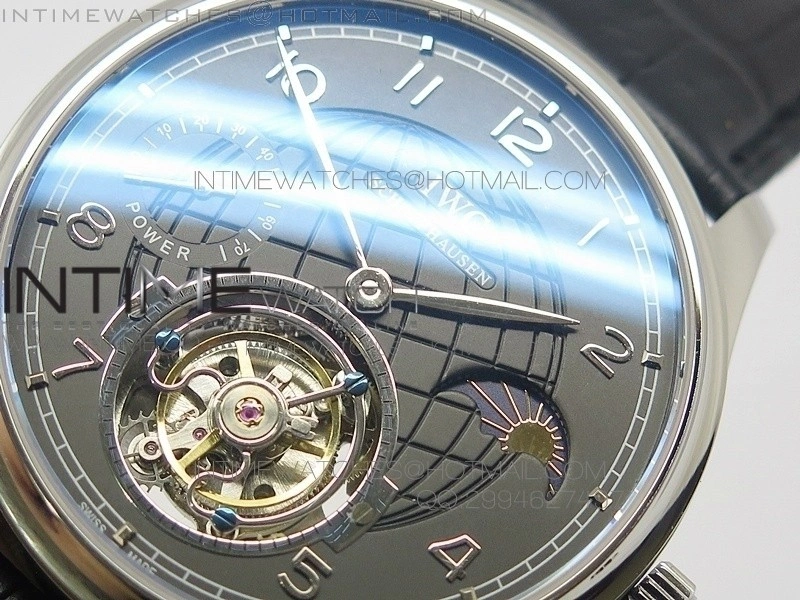 Portuguese Tourbillon SS AXF Gray Dial Sliver Numbers moonphase on Black Leather Strap